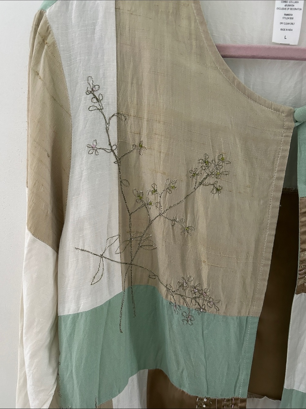 Vintage TOTOnKO Patchwork Silk/Linen Jacket Embroidered Floral Artsy Lagenlook - Picture 5 of 15